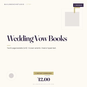 Pode incluir: Uma imagem que promove livros de votos de casamento. O texto "Wedding Vow Books" está em uma fonte roxa escura. A descrição afirma que os livros são dois livretes de 8 páginas, 10x15 cm, com 6 variantes de capa, texto com linhas ou digitado.