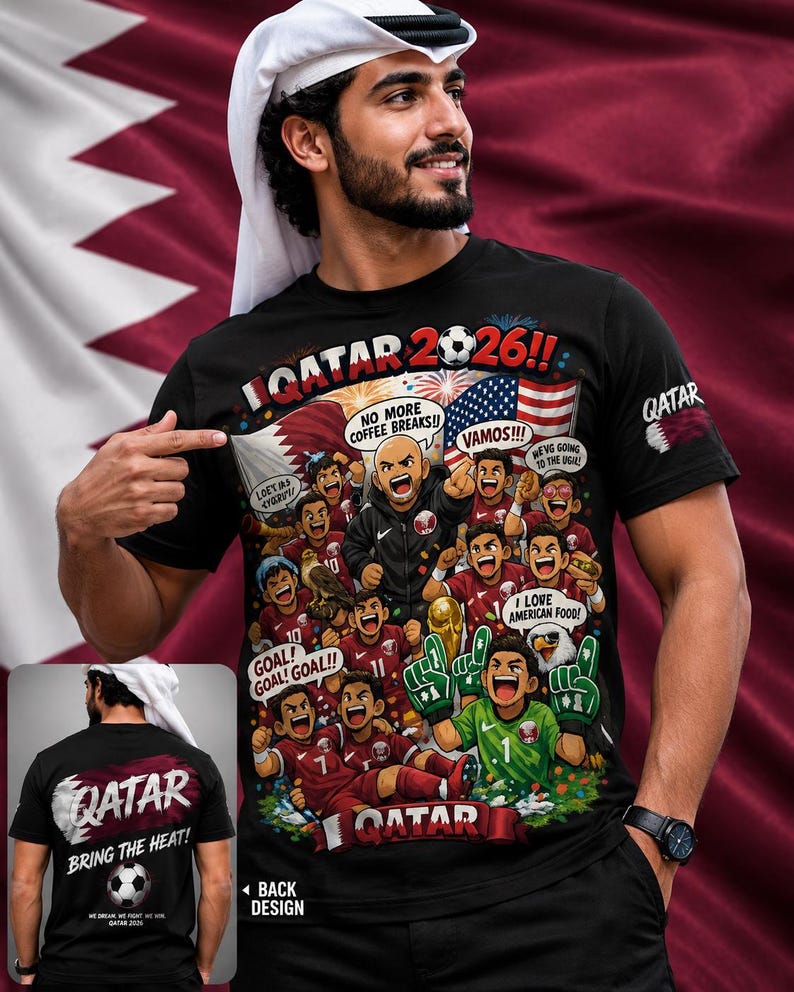 Qatar 2026 World Cup Cartoon Players T-Shirt | Soccer Tournament Illustration image 1