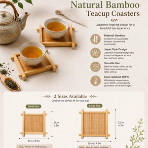 May include: Natural bamboo teacup coasters. The image shows two small teacups on bamboo coasters, with a teapot and tea leaves. The coasters are available in two sizes: 9cm and 12cm.