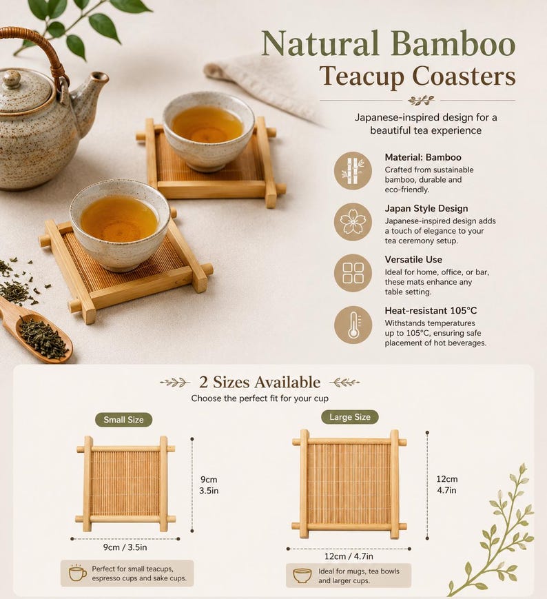 May include: Natural bamboo teacup coasters. The image shows two small teacups on bamboo coasters, with a teapot and tea leaves. The coasters are available in two sizes: 9cm and 12cm.