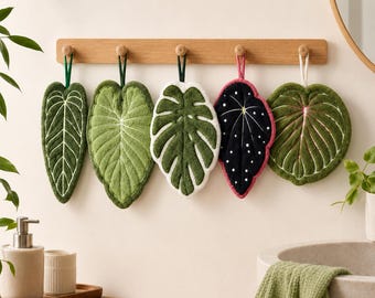 Leaf Shaped Hand Towel, Botanical Textured Bathroom Kitchen Towel