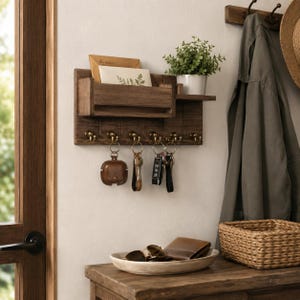 May include: A wooden key holder with a shelf and mail slot, featuring brass hooks. Keys and a brown case hang from the hooks. A small potted plant sits on the shelf. A wooden table below holds a bowl with sunglasses and a wallet.