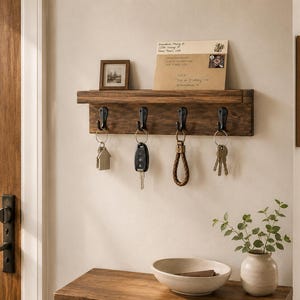 Peut inclure: Un porte-clés en bois rustique avec quatre crochets en métal noir. Des clés avec divers porte-clés sont suspendues aux crochets. Une petite photo encadrée et une lettre sont sur l'étagère au-dessus. Un petit bol et un vase avec de la verdure sont sur la table en dessous.