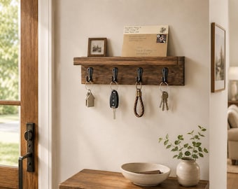 Wooden Key Holder with Shelf, Rustic Entryway Organizer, Mail Storage Hooks