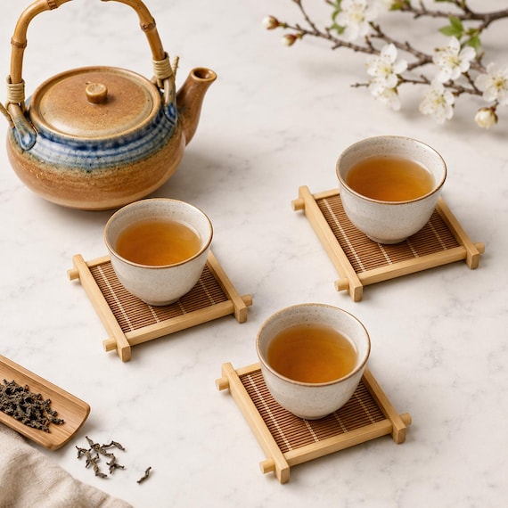 Japanese Style Bamboo Tea Cup Coasters, Square Drink Mat, Heat Resistant Holder