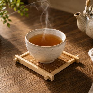 May include: A ceramic teacup filled with steaming amber tea, resting on a bamboo coaster. A matching teapot is in the background. The steam rises gently from the cup, suggesting a warm beverage.