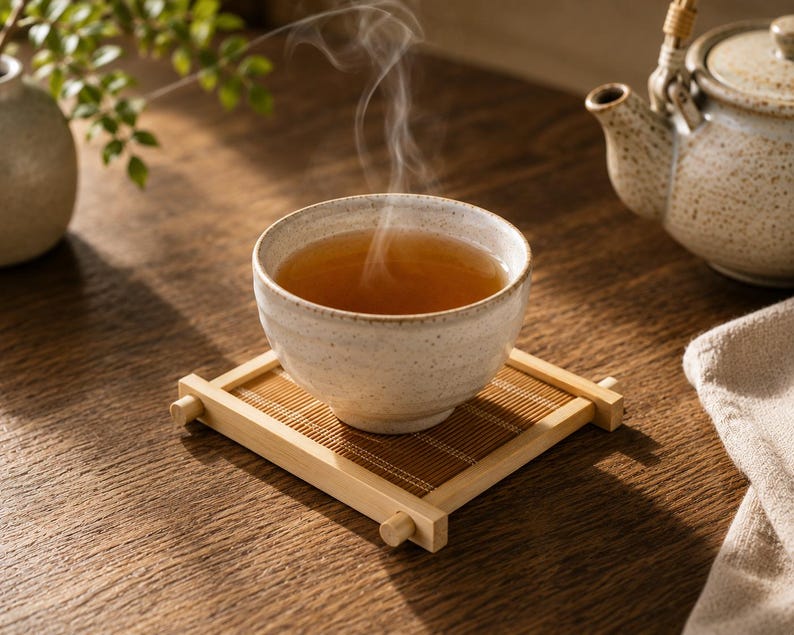 May include: A ceramic teacup filled with steaming amber tea, resting on a bamboo coaster. A matching teapot is in the background. The steam rises gently from the cup, suggesting a warm beverage.