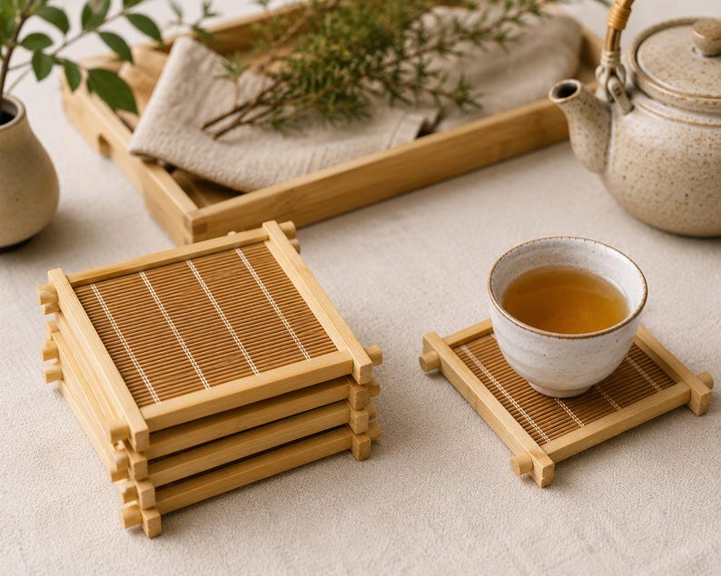 May include: A stack of square bamboo coasters with a matching coaster holding a white teacup filled with tea. A wooden tray with a linen napkin and sprigs of greenery sits in the background, along with a teapot.