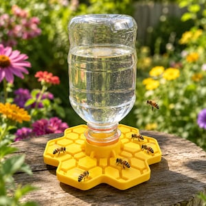 May include: A clear plastic water bottle inverted into a bright yellow, hexagonal, honeycomb-patterned bee watering station. The base features small channels and raised edges, with several honeybees resting on the surface and one flying nearby.