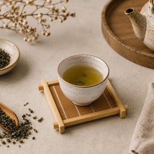 May include: A tranquil tea arrangement with a ceramic cup of green tea on a bamboo coaster. A wooden spoon and small bowl hold loose tea leaves. A teapot and tray are in the background, suggesting a moment of calm and relaxation.