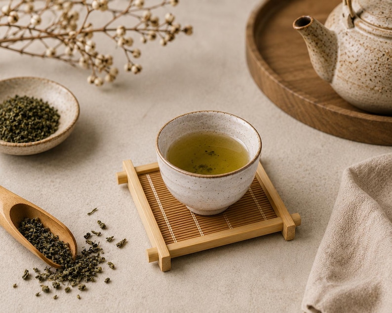May include: A tranquil tea arrangement with a ceramic cup of green tea on a bamboo coaster. A wooden spoon and small bowl hold loose tea leaves. A teapot and tray are in the background, suggesting a moment of calm and relaxation.
