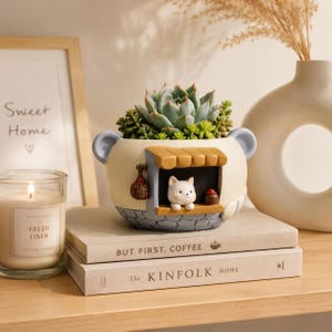 May include: A cream-colored ceramic planter shaped like a small shop with a blue stone-textured base, featuring a white cat figure in the window, a brown hanging bag, and a yellow awning, containing a green succulent plant with pointed leaves.
