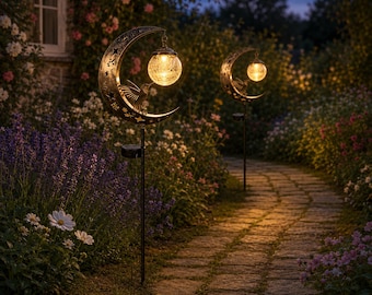 Solar Moon Hummingbird Garden Stake Light, Crackle Glass Globe, Celestial Décor