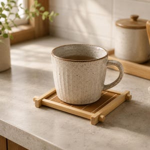 May include: A speckled ceramic mug filled with tea rests on a bamboo coaster. The mug features a ribbed design and a curved handle. A small potted plant and a wooden tray with a whisk are in the background.