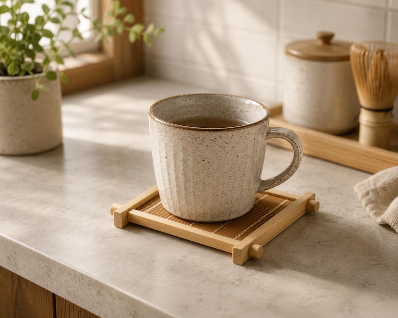 May include: A speckled ceramic mug filled with tea rests on a bamboo coaster. The mug features a ribbed design and a curved handle. A small potted plant and a wooden tray with a whisk are in the background.