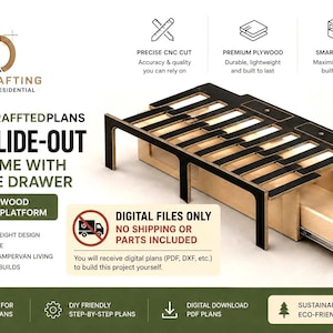 Puede incluir: Un marco de cama extraíble para furgoneta con cajón de almacenamiento, hecho de madera contrachapada negra y natural. La imagen incluye texto: ROSSI DRAFTING, JOINERYCRAFFTEDPLANS, VAN SLIDE-OUT BED FRAME WITH STORAGE DRAWER, CNC CUT PLYWOOD CAMPERVAN PLATFORM y DIGITAL FILES ONLY NO SHIPPING OR PARTS INCLUDED.