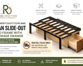 May include: A van slide-out bed frame with a storage drawer, featuring a black and natural plywood construction. The image includes text: ROSSI DRAFTING, JOINERYCRAFFTEDPLANS, VAN SLIDE-OUT BED FRAME WITH STORAGE DRAWER, CNC CUT PLYWOOD CAMPERVAN PLATFORM, and DIGITAL FILES ONLY NO SHIPPING OR PARTS INCLUDED.