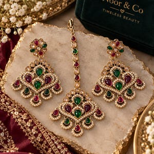 Multicolor Kundan Style Earring & Tikka Set – Ruby Green Pearl Statement Jewelry