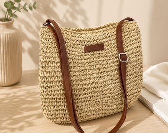Woven Raffia Shoulder Bag, Minimalist Boho Summer Handbag, Natural Beige Crochet Purse