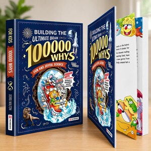 May include: A hardcover book titled "Building the Ultimate Brain 100000 Whys" with a navy blue cover. The cover features illustrations of a rocket, cartoon characters, and the text "Fun and Joyful Science". The book is open to reveal colorful illustrations.