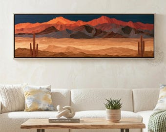 Southwestern Desert Landscape Canvas, Modern Cactus Wall Art, Warm Earth Tone Mountain Print, Panoramic Desert Wall Art for Living Room