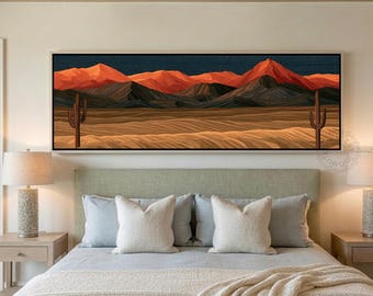 Panoramic Desert Wall Art, Mid-Century Modern Warm Earth Tone Southwestern Desert Landscape Canvas, Mountain Print for Living Room Above Bed