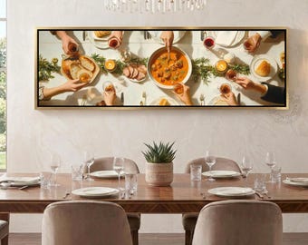 Rustic Wine Toast Canvas, Cheers Toast Horizontal Canvas, Vintage Dining Table Wall Art, Warm Celebration Print, Large Kitchen Wall Art