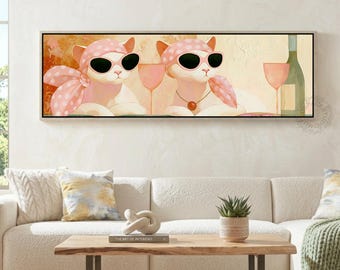 Funny Cat Canvas Quirky Animal Print Pink Cat Lounge Artwork Whimsical Cat Lady Painting Chic Girls Room Decor Pink Glam Panoramic Wall Art