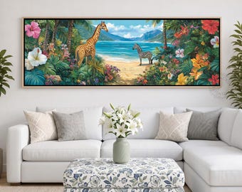 Tropical Beach Animals Canvas, Giraffe Zebra Tropical Paradise Wall Art, Vibrant Coastal Wildlife Print, Whimsical Animal Nursery Artwork