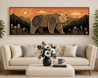 Tribal Bear Illustration Canvas, Folk Art Bear Mountain Wall Art, Rustic Wildlife Print, Panoramic Wall Art for Cabin, Living Room Artwork