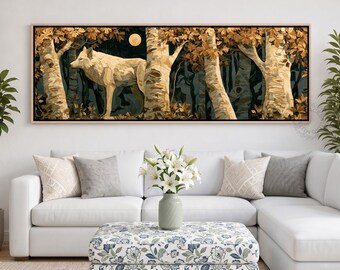 Lone Wolf Wall Art, Birch Forest Canvas, Rustic Wildlife Nature Wall Art, Moonlit Woodland Print, Wide Landscape Wall Art for Living Room