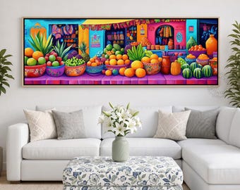 Mexican Fruit Market Canvas, Vibrant Mercado Produce Art, Colorful Cultural Street Food Print, Tropical Panoramic Market Scene Artwork