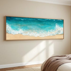 Extra Wide Coastal Wall Art, Turquoise Beach Canvas Print, Panoramic Ocean Waves Artwork for Living Room