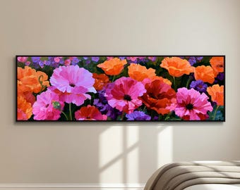 Large Colorful Floral Canvas Wall Art Pink Orange Flower Garden Painting Bright Vibrant Botanical Art Panoramic Living Room Bedroom Decor