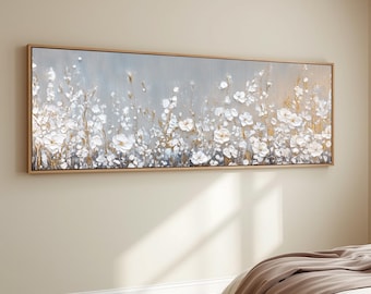 Neutral White Floral Canvas Wall Art Gold Flower Meadow Painting Textured Botanical Landscape Panoramic Living Room Decor Luxury Bedroom Art