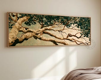 Large Tree Branch Artwork, Panoramic Birch Tree Wall Art, Rustic Forest Nature Canvas, Tree Trunk Print, Over Sofa Decor for Living Room