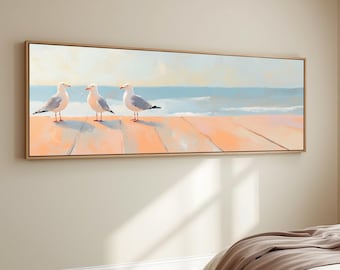 Coastal Seagull Canvas Print Sandpiper Painting Beach Bird Wall Art Nautical Pastel Ocean Painting Panoramic Coastal Living Room Artwork