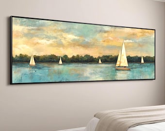 Coastal Sailboat Canvas Wall Art, Vintage Nautical Framed Canvas, Lake Landscape Painting, Panoramic Beach House Decor, Rustic Coastal Art