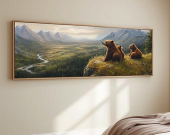 Bear Family Wall Art Mountain Valley Print Panoramic Wildlife Canvas Artwork Wilderness Landscape Bear Painting Rustic Lodge Cabin Decor