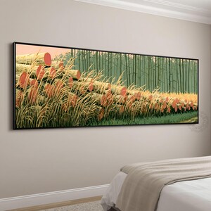 May include: A panoramic wall art print in a black frame featuring a landscape illustration of stacked light brown logs partially obscured by tall, golden-yellow grasses. The background shows a dense forest of thin, vertical green trees.