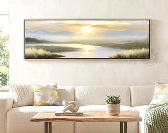 Misty Sunrise River Landscape Canvas Wall Art Neutral Mountain Lake Painting Panoramic Nature Decor Soft Beige Living Room Artwork