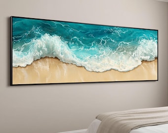 Turquoise Ocean Wave Wall Art, Panoramic Coastal Canvas Print, Extra Wide Beach Decor, Above Sofa Artwork