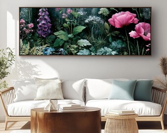 Moody Dark Academia Floral Canvas Wall Art Pink Poppy Botanical Painting Cottage Garden Flower Artwork Panoramic Living Room Bedroom Decor