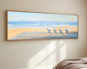 Sandpiper Painting Coastal Seagull Canvas Print Beach Bird Wall Art Nautical Pastel Ocean Painting Panoramic Coastal Living Room Artwork