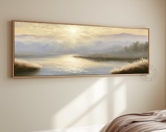 Misty River Landscape Wall Art Neutral Mountain Lake Painting Sunrise Print Canvas Panoramic Nature Decor Soft Beige Living Room Artwork
