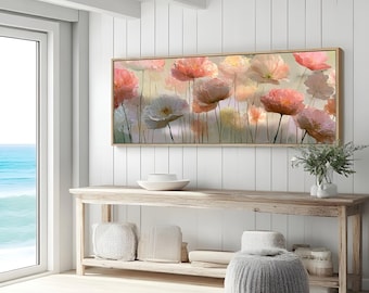 Blush Pink Cosmos Flower Canvas Wall Art Large Pastel Botanical Painting Romantic Garden Decor Panoramic Bedroom Living Room Artwork