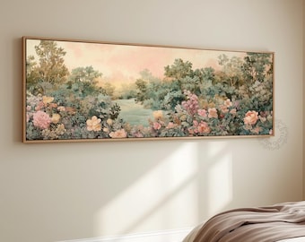 Panoramic Floral Landscape Canvas English Garden Wall Art Vintage Botanical Wall Decor Large Horizontal Cottagecore Living Room Artwork