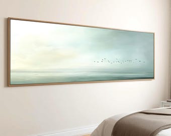 Minimalist Coastal Canvas Wall Art, Moody Ocean Landscape Print, Large Panoramic Seascape Framed Canvas, Neutral Beach House Decor