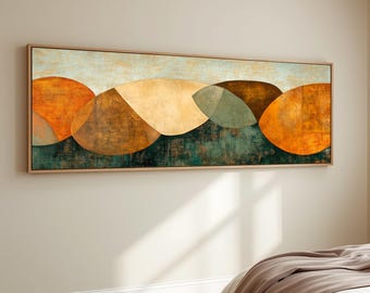 Mid Century Modern Wall Art Abstract Geometric Canvas Burnt Orange Teal Earth Tone Panoramic Artwork Organic Contemporary Living Room Decor