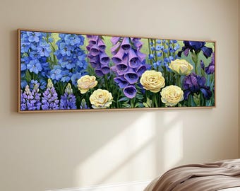Colorful Wildflower Field Canvas Print Botanical Flower Landscape Wall Art English Garden Foxglove Flower Art Panoramic Living Room Decor